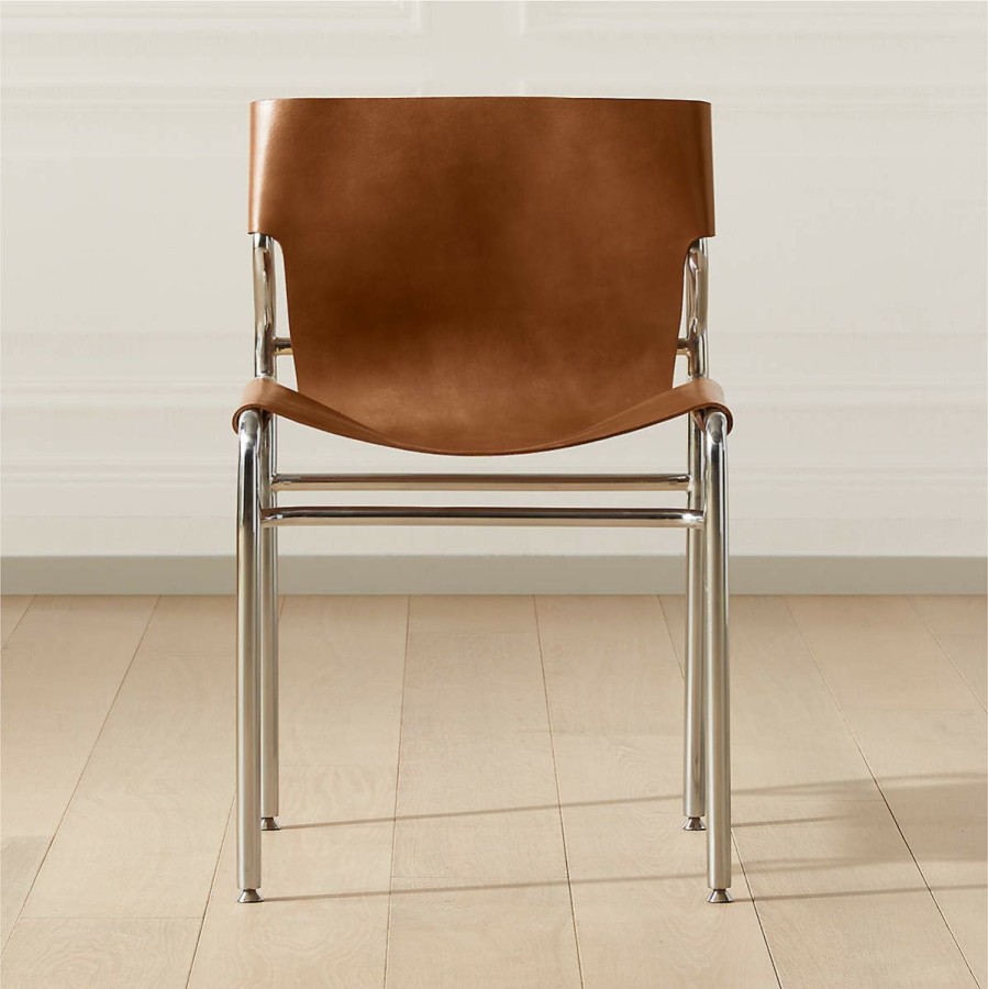 Furniture * | Cb2 Discount Sale Surf Sling Brown Leather Dining Chair