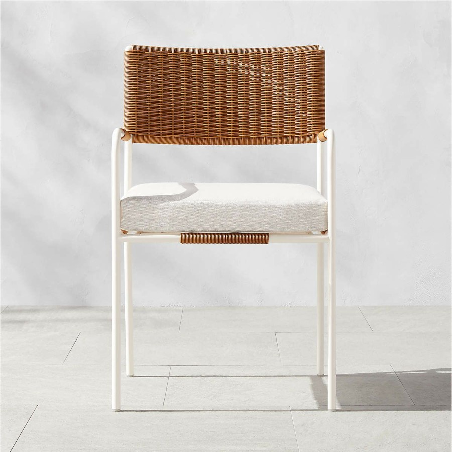 Outdoor * | Cb2 Reliable Quality Colombe Ivory Metal And Rattan Outdoor Dining Armchair With Ivory Sunbrella Cushion