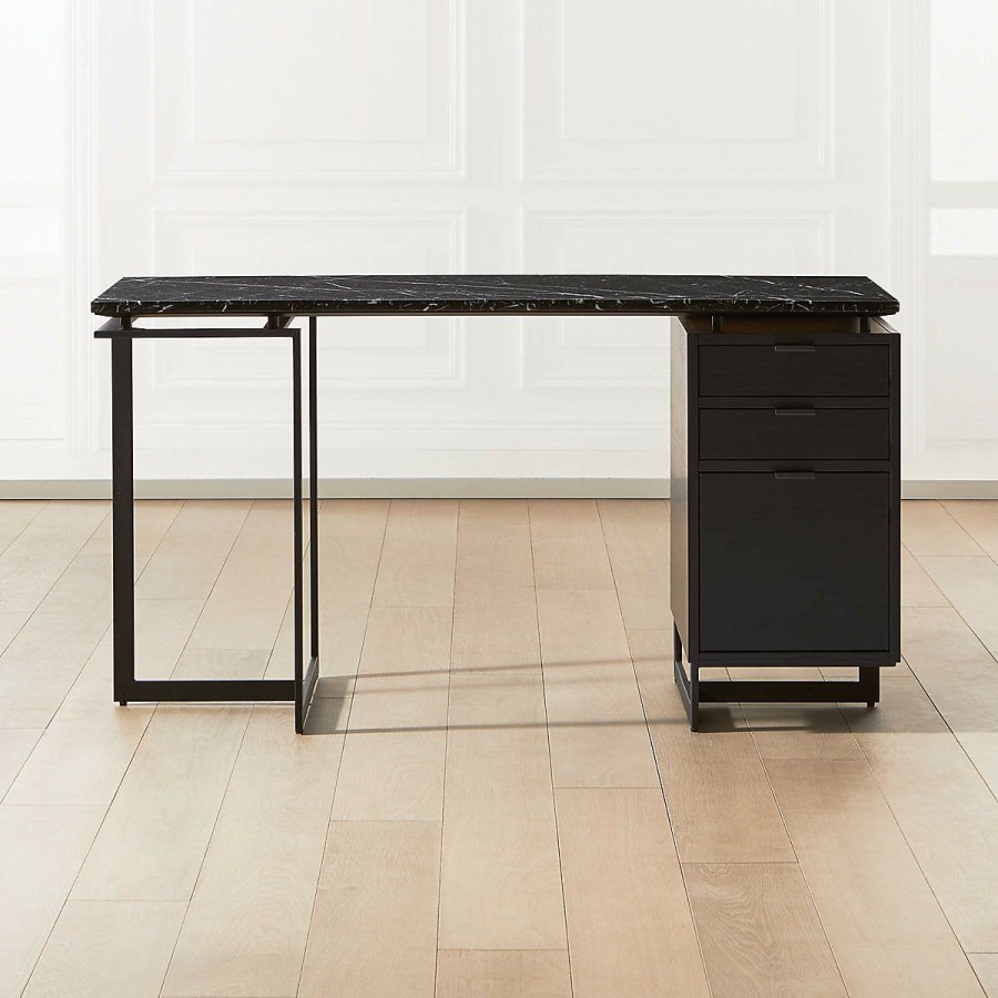 Furniture * | Cb2 Wholesale Fullerton 3-Drawer Black Metal And Oak Wood Desk With Black Marble Top