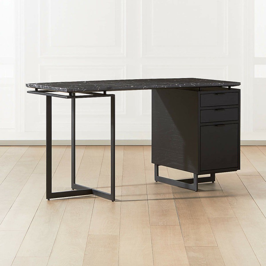 Furniture * | Cb2 Wholesale Fullerton 3-Drawer Black Metal And Oak Wood Desk With Black Marble Top