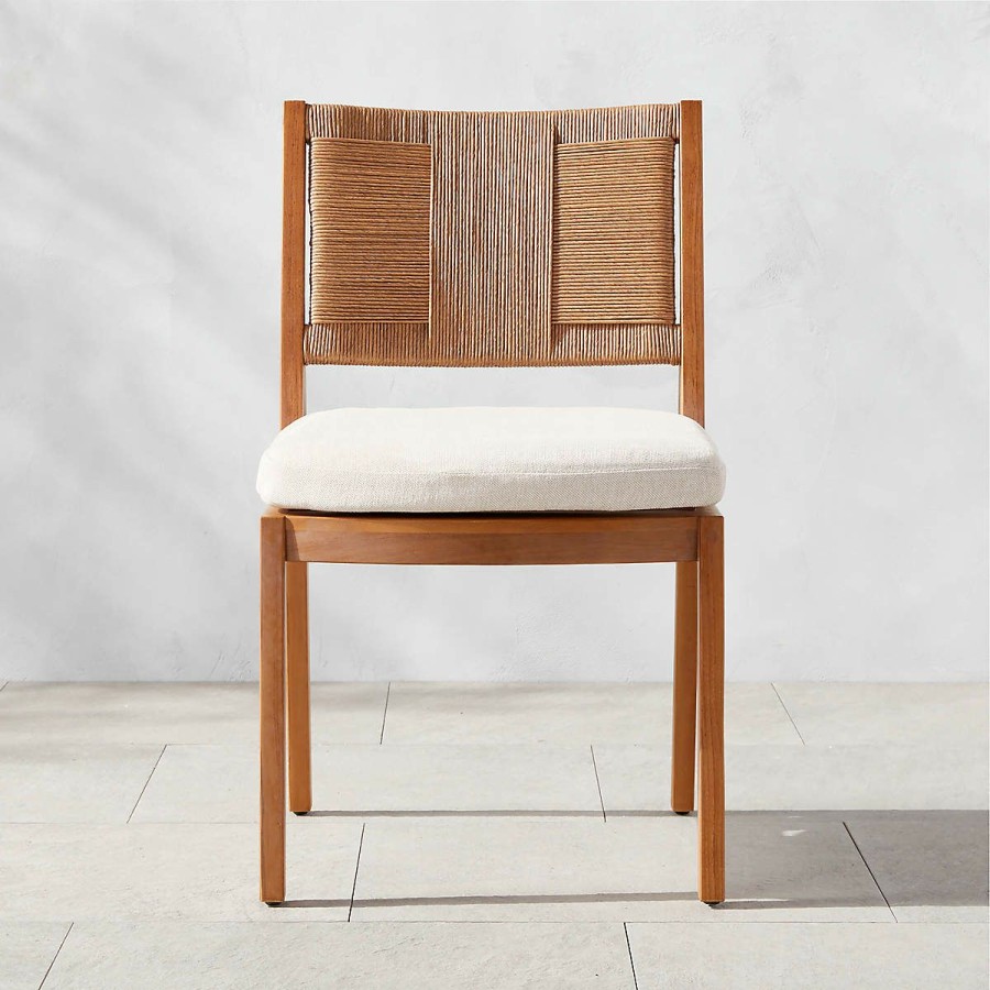 Outdoor * | Cb2 Low Price Roc Teak And Rattan Outdoor Dining Chair With Ivory Sunbrella Cushion