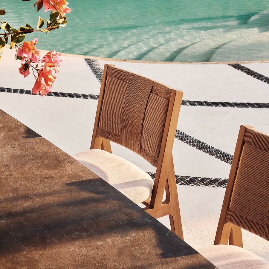 Outdoor * | Cb2 Low Price Roc Teak And Rattan Outdoor Dining Chair With Ivory Sunbrella Cushion