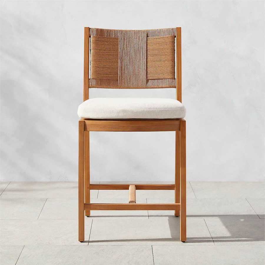 Outdoor * | Cb2 Gift Selection Roc Teak And Rattan Outdoor Counter Stool With Ivory Sunbrella Cushion