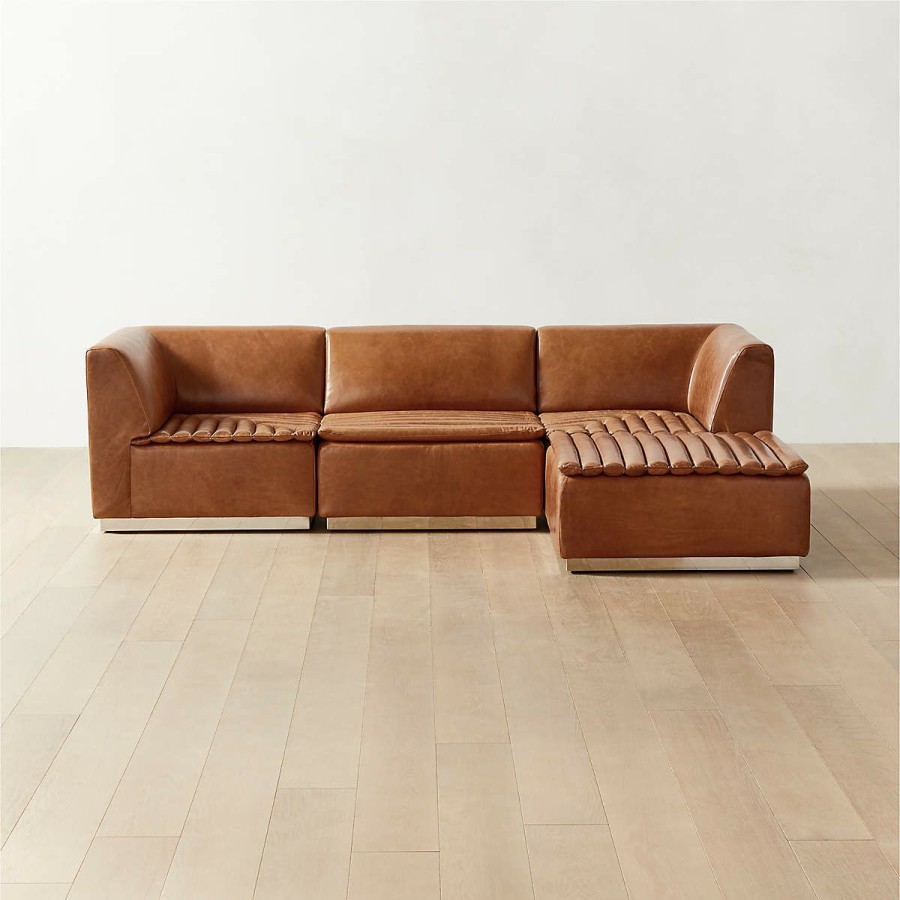 Furniture * | Cb2 Fashionable Salon 4-Piece L-Shaped Brown Leather Sectional Sofa