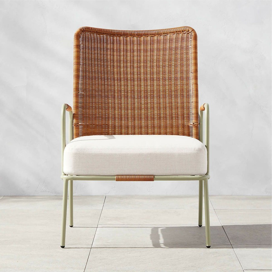 Outdoor * | Cb2 Fashionable Colombe Green Metal And Rattan Outdoor Lounge Chair With Ivory Sunbrella Cushions