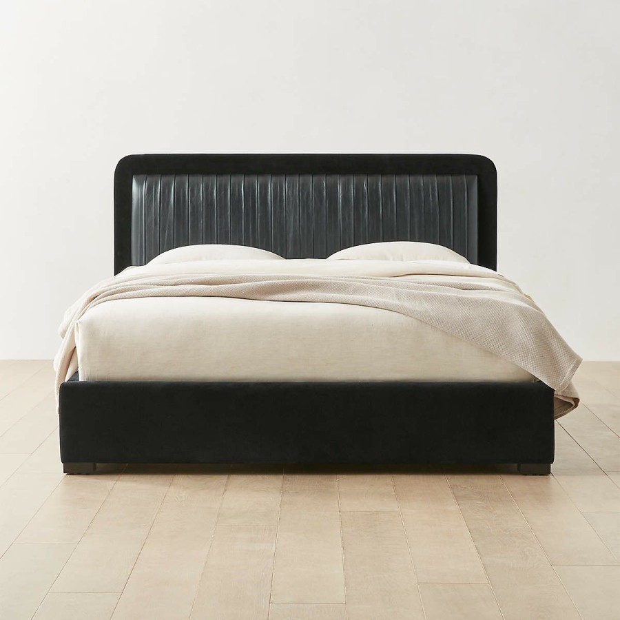 Furniture * | Cb2 Fashionable Claudette Black Leather And Velvet Upholstered Queen Bed