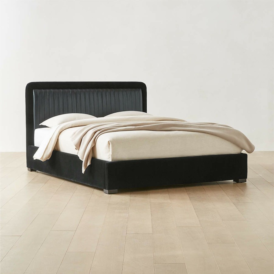 Furniture * | Cb2 Fashionable Claudette Black Leather And Velvet Upholstered Queen Bed