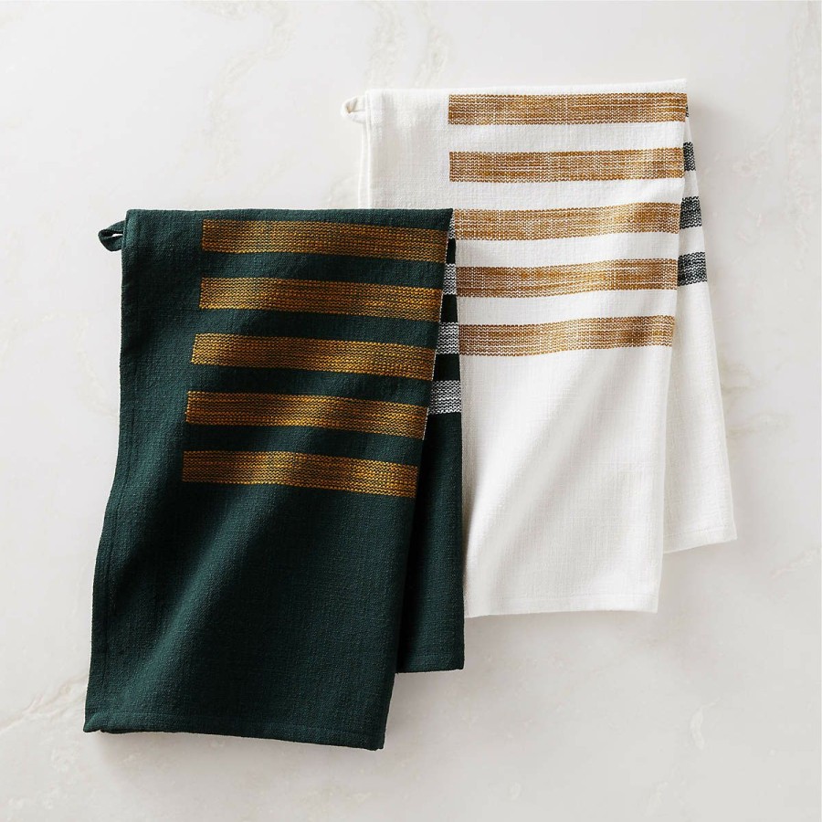 Kitchen & Dining * | Cb2 Promotions Rhava White And Green Dish Towels Set Of 2