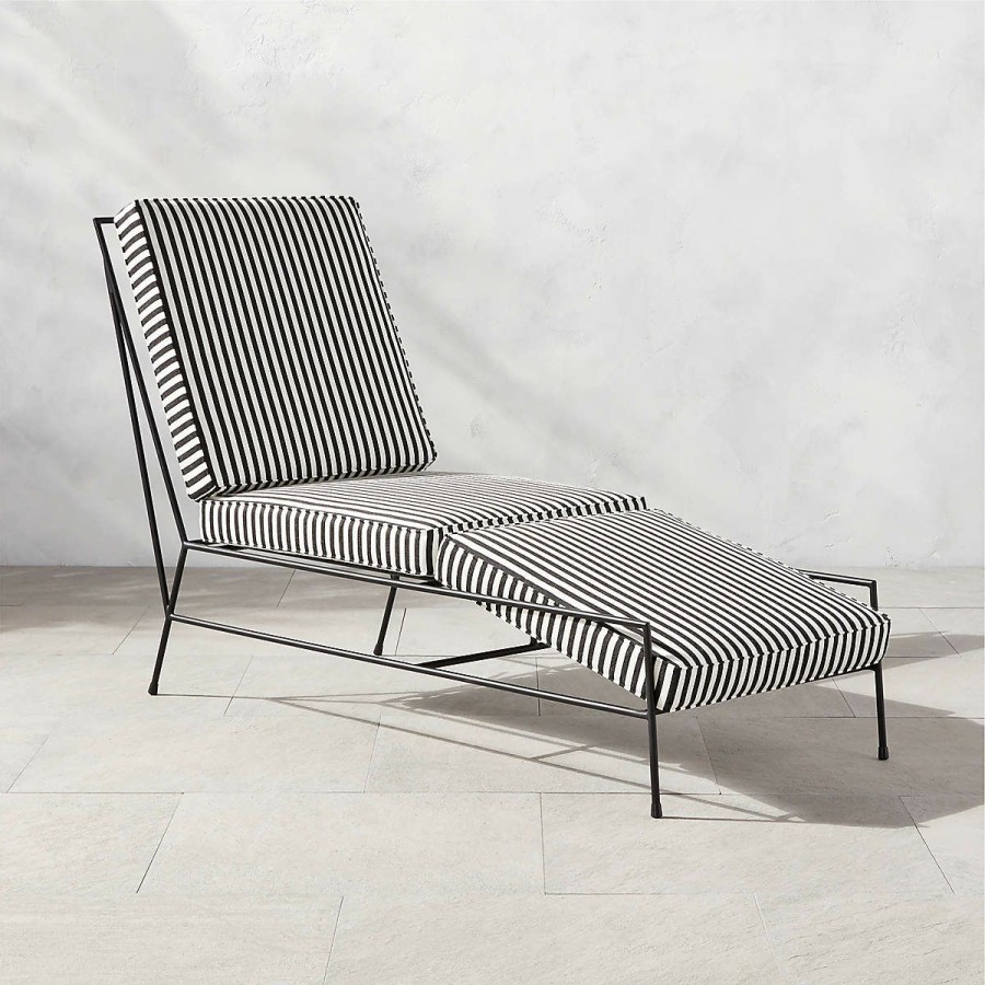 Outdoor * | Cb2 Online Pavilion Black Outdoor Chaise Lounge Chair With Striped Sunbrella Cushion Model 6530