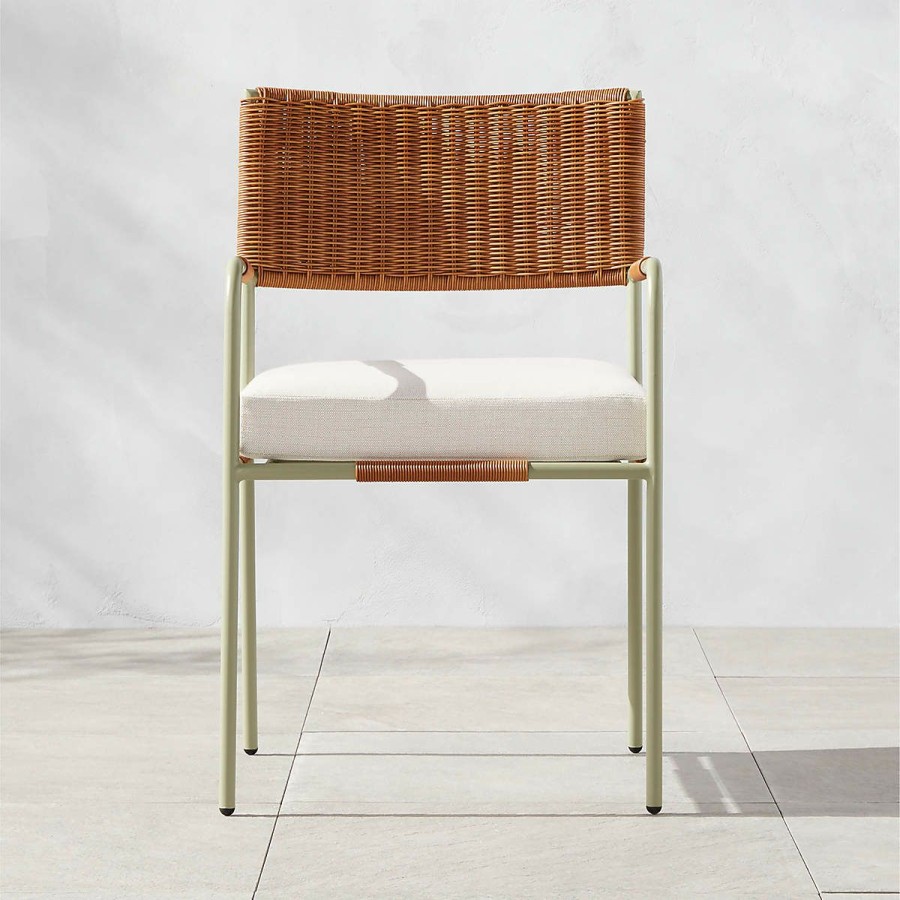 Outdoor * | Cb2 Online Colombe Green Metal And Rattan Outdoor Dining Armchair With Ivory Sunbrella Cushion